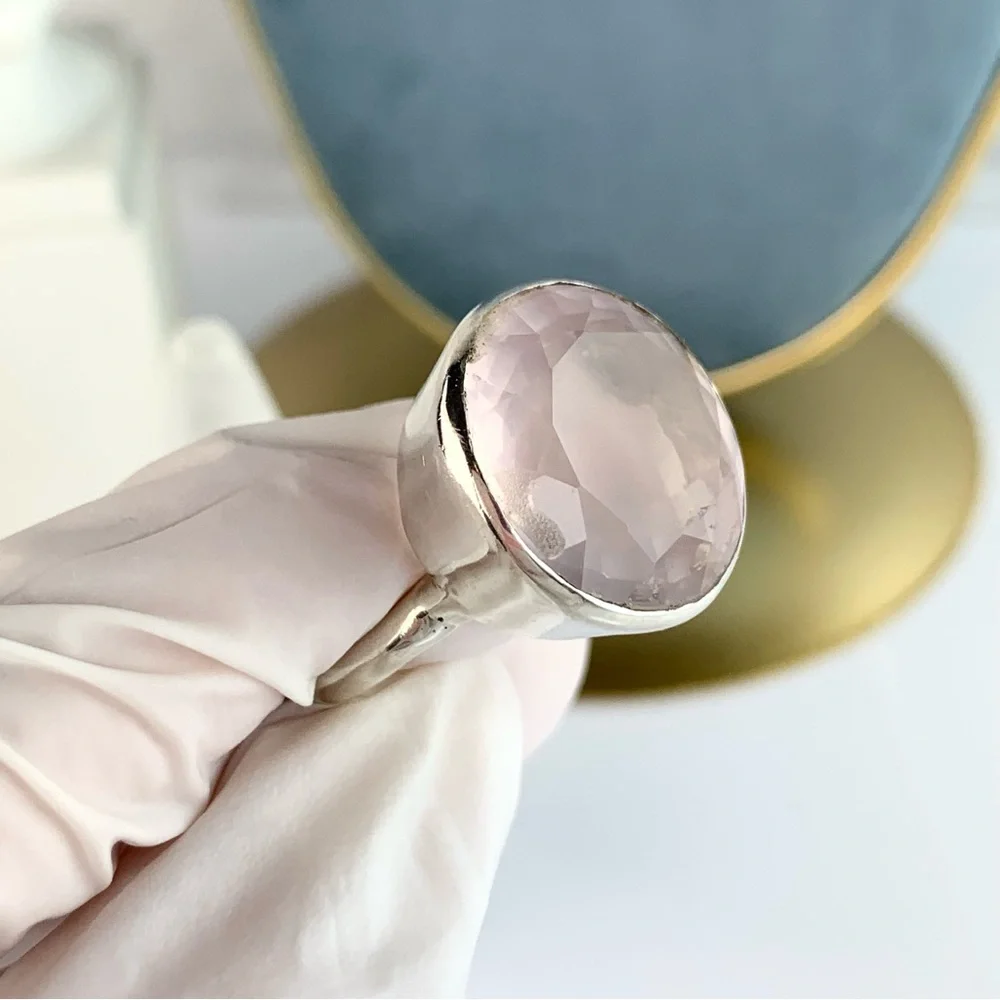 Sterling Silver Rose Quartz Large Round Statement Ring